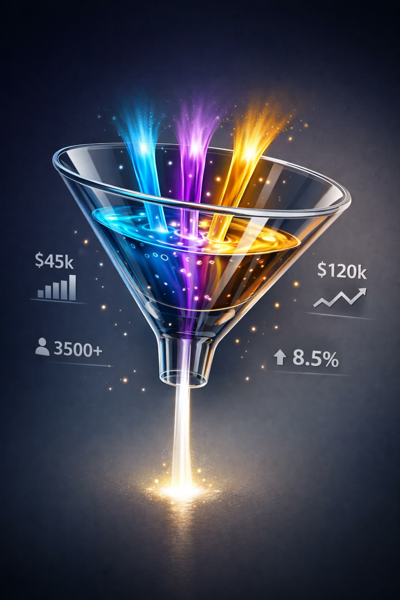 Three coloured streams pouring into a glass funnel and leaving it as a single beam of light, ringed by revenue, customer count and growth-rate figures