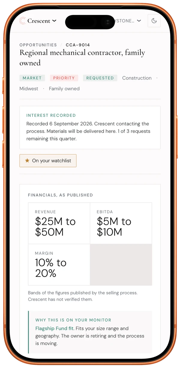 One opportunity's detail screen on a phone, showing the description, sector, region, and revenue, EBITDA and margin as bands.